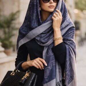 KUNA Baby Alpaca & Silk Luxury Shawl Wrap – Italian Indigo Geometric Scarf